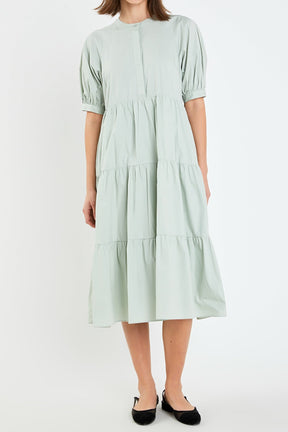 Short Puff Sleeve Midi Dress With Pockets