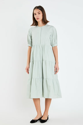 Short Puff Sleeve Midi Dress With Pockets