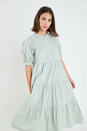 Short Puff Sleeve Midi Dress With Pockets