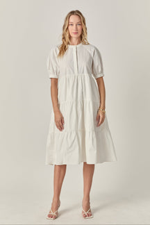 Short Puff Sleeve Midi Dress With Pockets