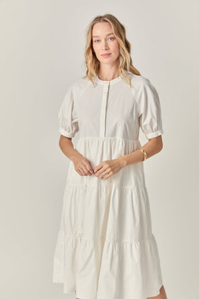 Short Puff Sleeve Midi Dress With Pockets