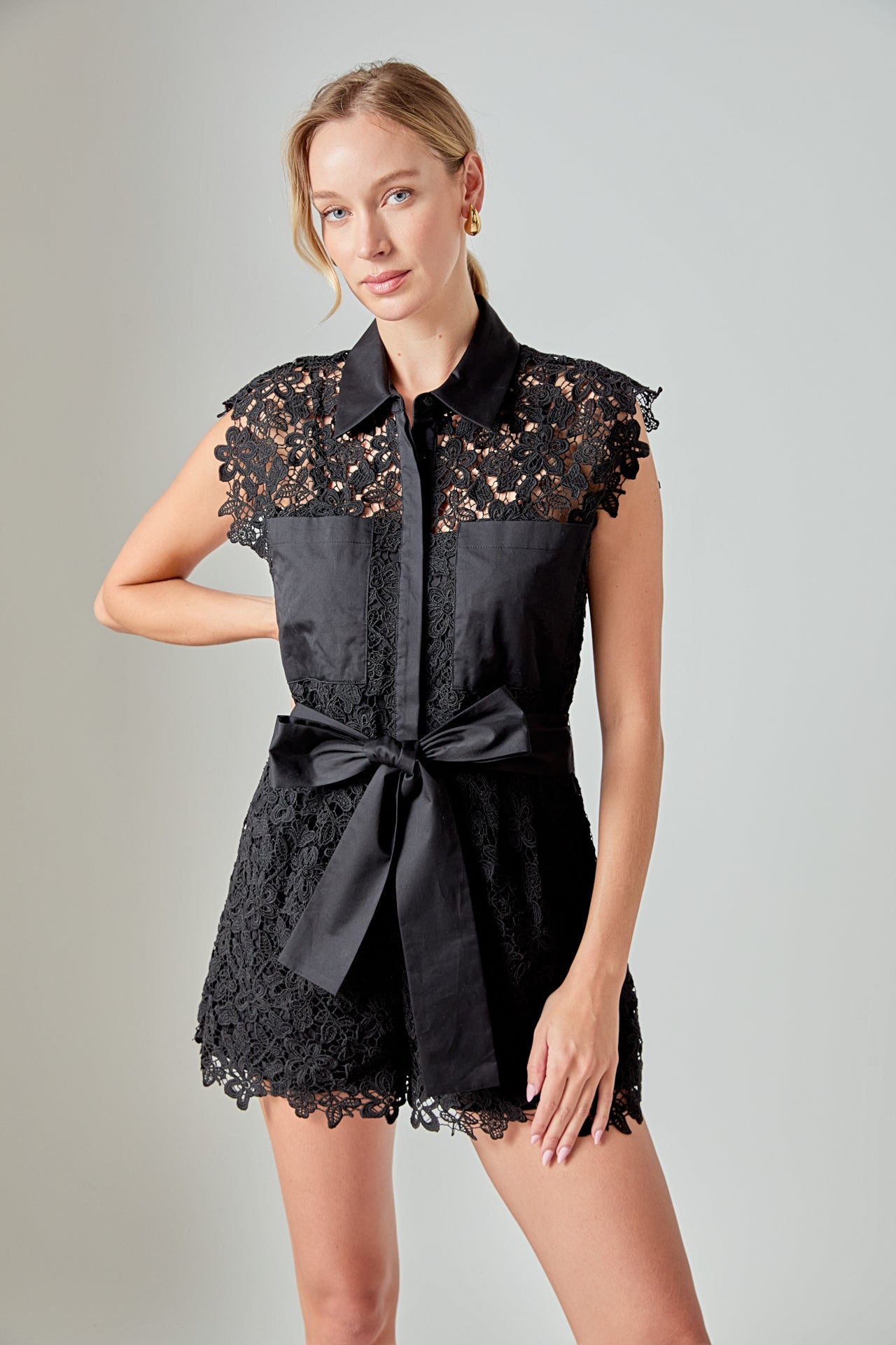 ENDLESS ROSE - Astrid Belted Lace Romper - ROMPERS available at Objectrare