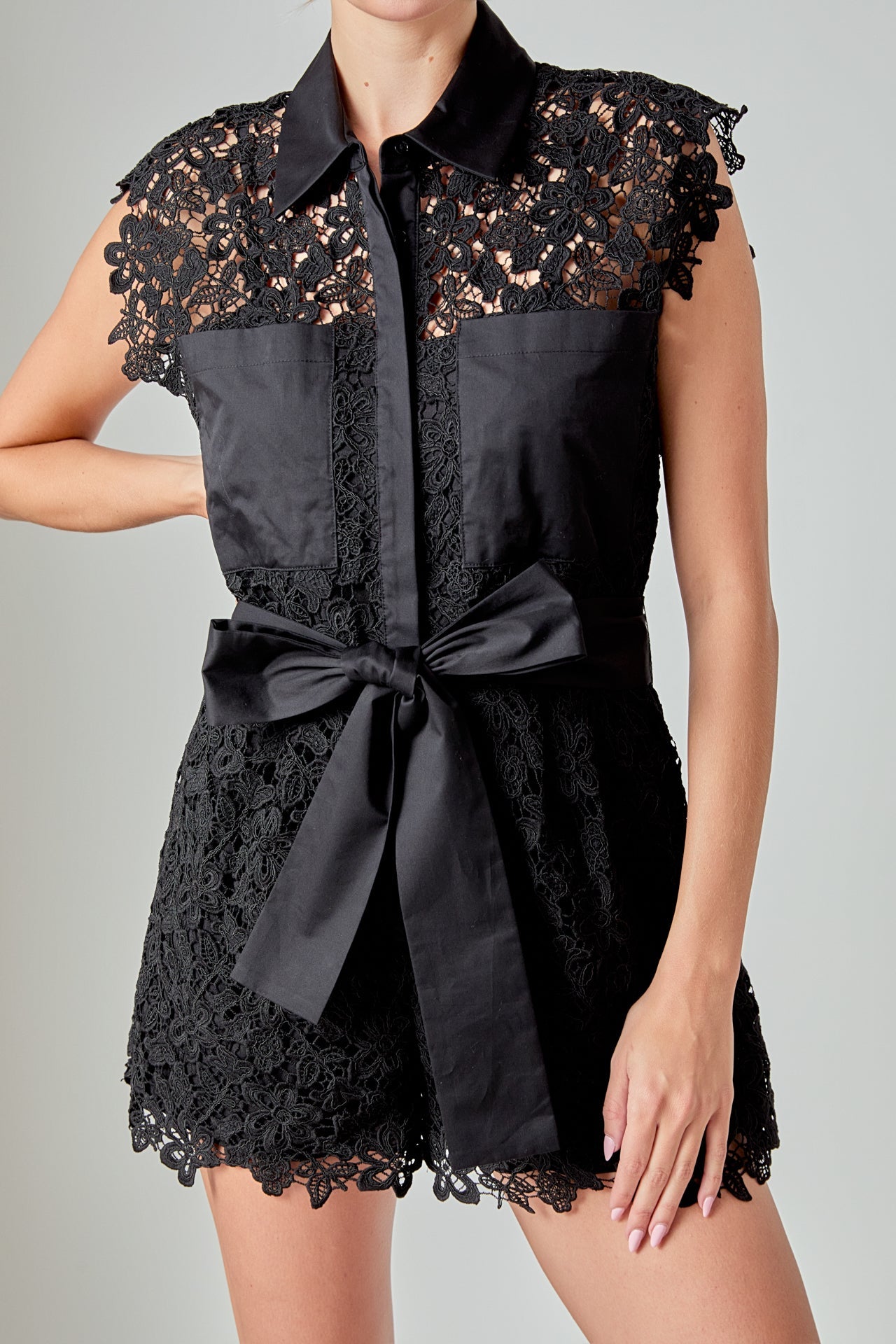 ENDLESS ROSE - Astrid Belted Lace Romper - ROMPERS available at Objectrare
