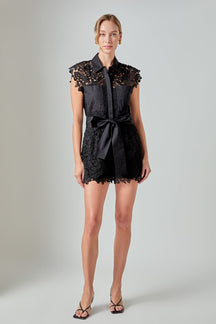 ENDLESS ROSE - Astrid Belted Lace Romper - ROMPERS available at Objectrare
