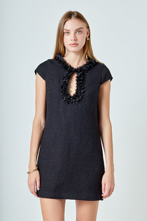 ENDLESS ROSE - Tweed Shift Dress with Floral Trim - DRESSES available at Objectrare