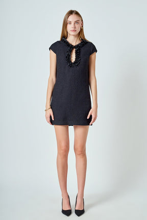 ENDLESS ROSE - Tweed Shift Dress with Floral Trim - DRESSES available at Objectrare