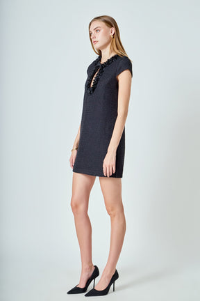 ENDLESS ROSE - Tweed Shift Dress with Floral Trim - DRESSES available at Objectrare