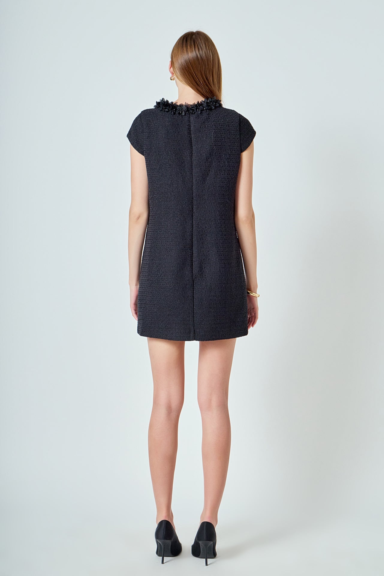 ENDLESS ROSE - Tweed Shift Dress with Floral Trim - DRESSES available at Objectrare
