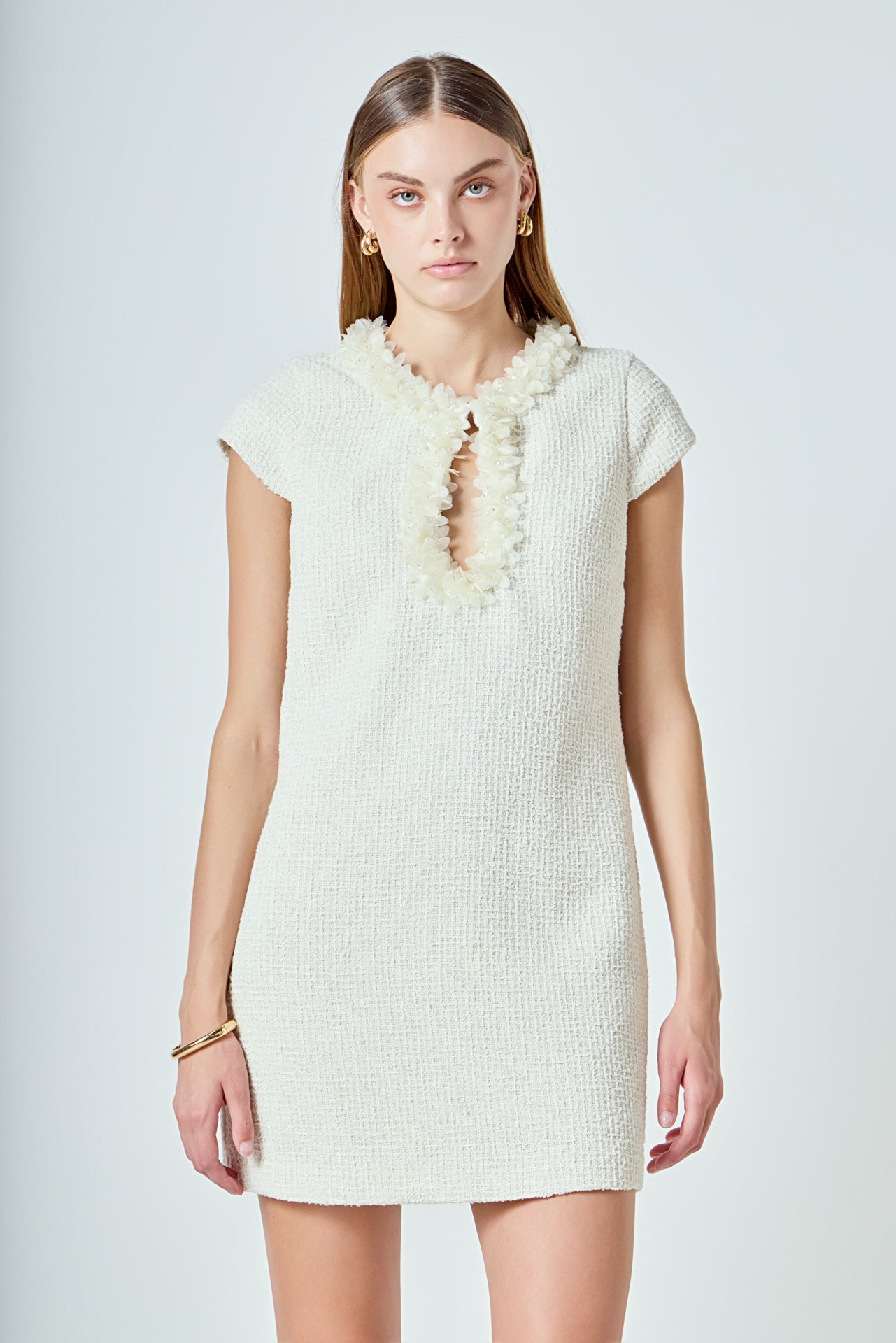 ENDLESS ROSE - Tweed Shift Dress with Floral Trim - DRESSES available at Objectrare