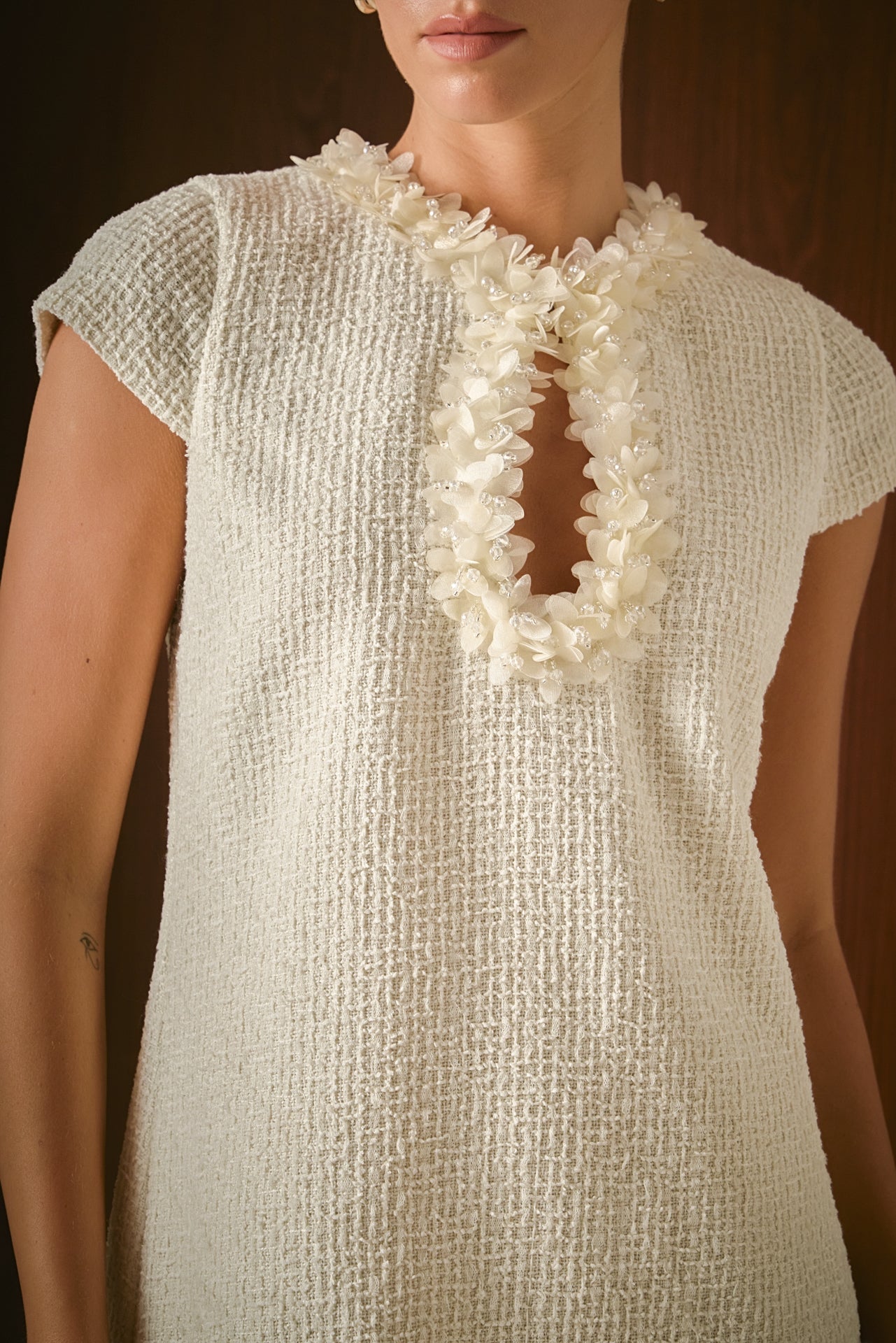 ENDLESS ROSE - Tweed Shift Dress with Floral Trim - DRESSES available at Objectrare