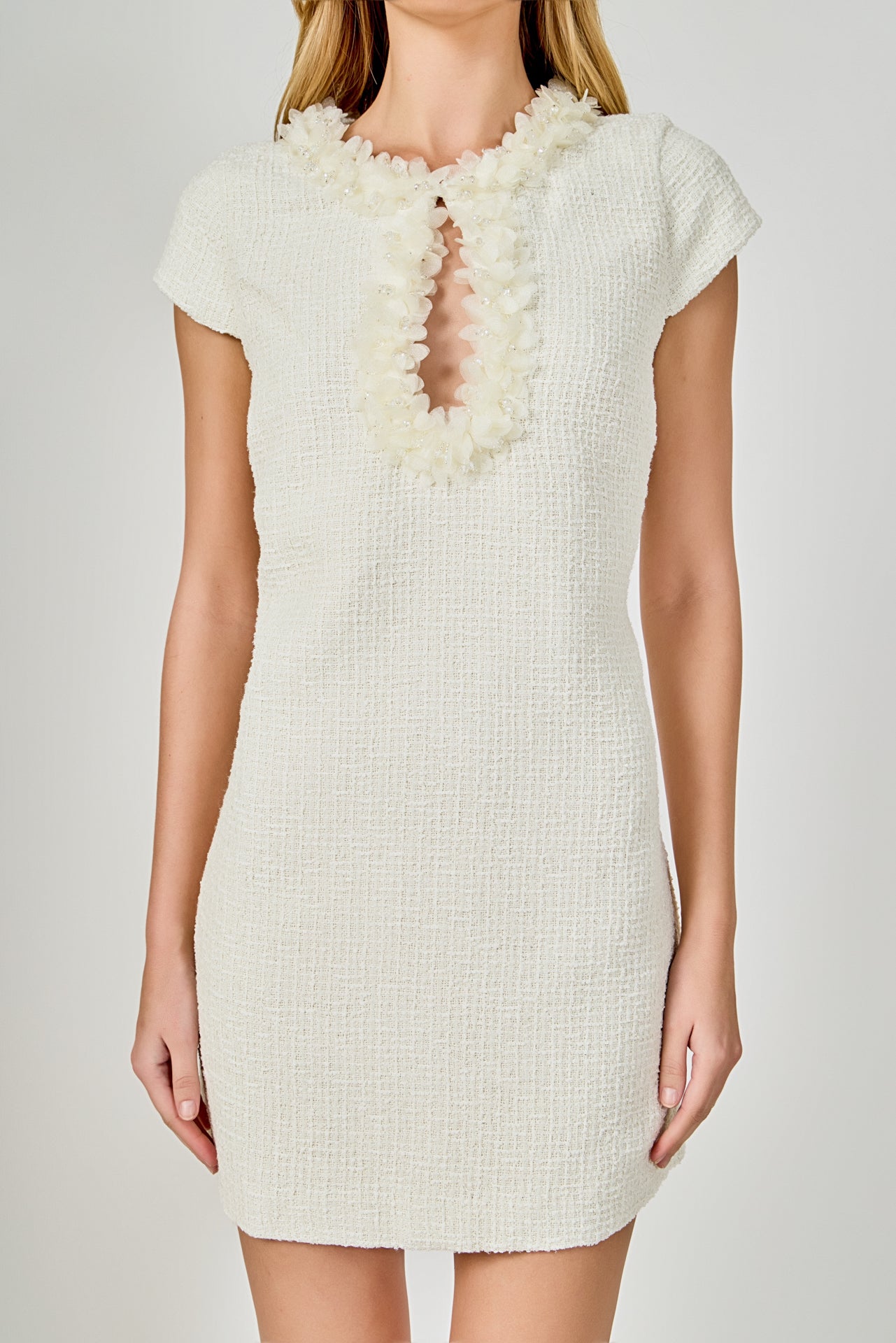 ENDLESS ROSE - Tweed Shift Dress with Floral Trim - DRESSES available at Objectrare