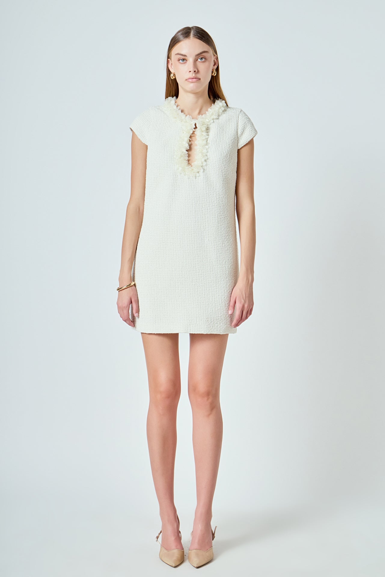 ENDLESS ROSE - Tweed Shift Dress with Floral Trim - DRESSES available at Objectrare