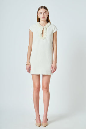 ENDLESS ROSE - Tweed Shift Dress with Floral Trim - DRESSES available at Objectrare