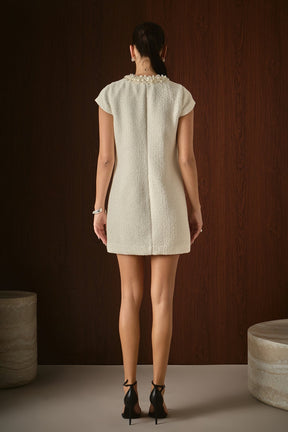 Tweed Shift Dress with Floral Trim