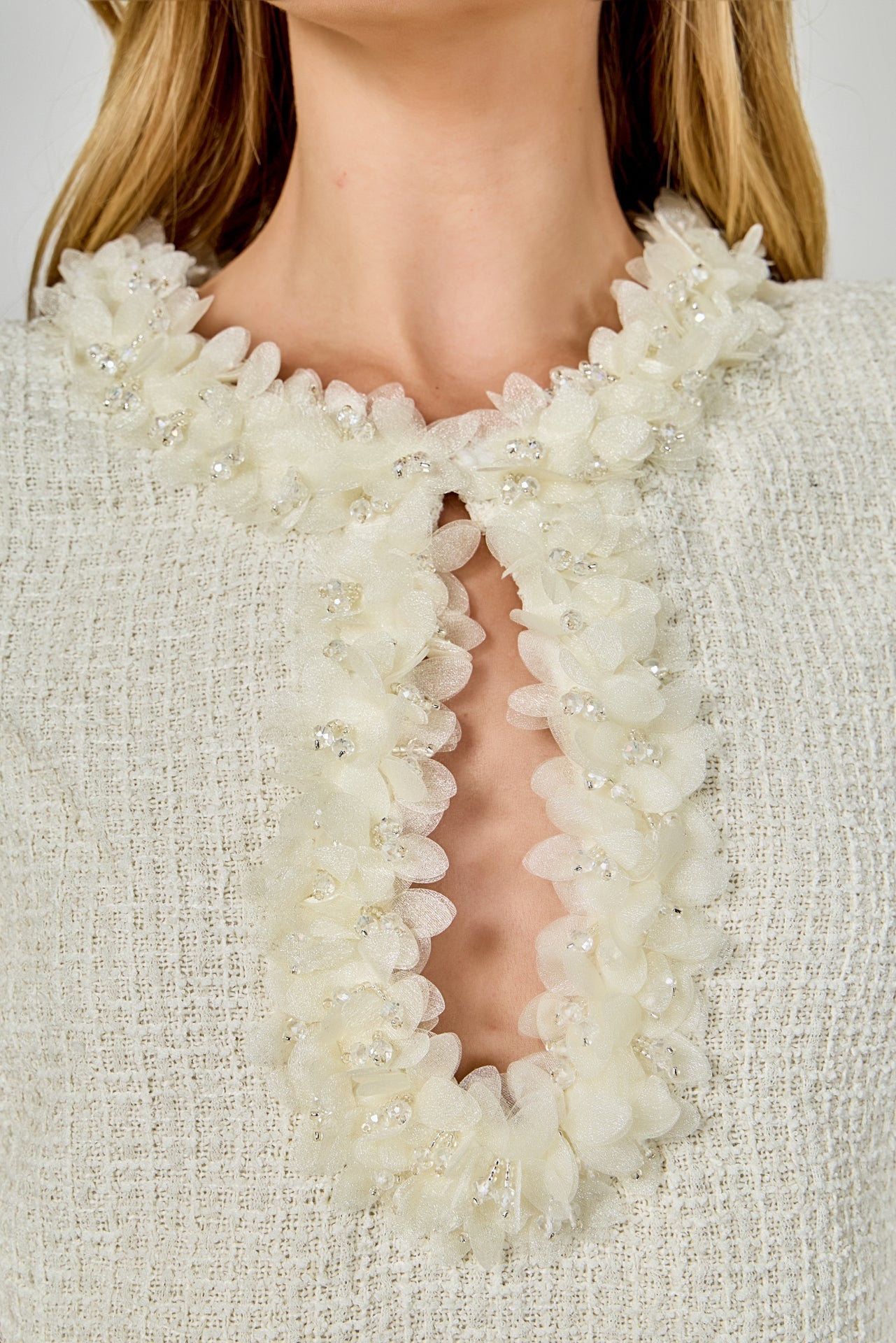 ENDLESS ROSE - Tweed Shift Dress with Floral Trim - DRESSES available at Objectrare