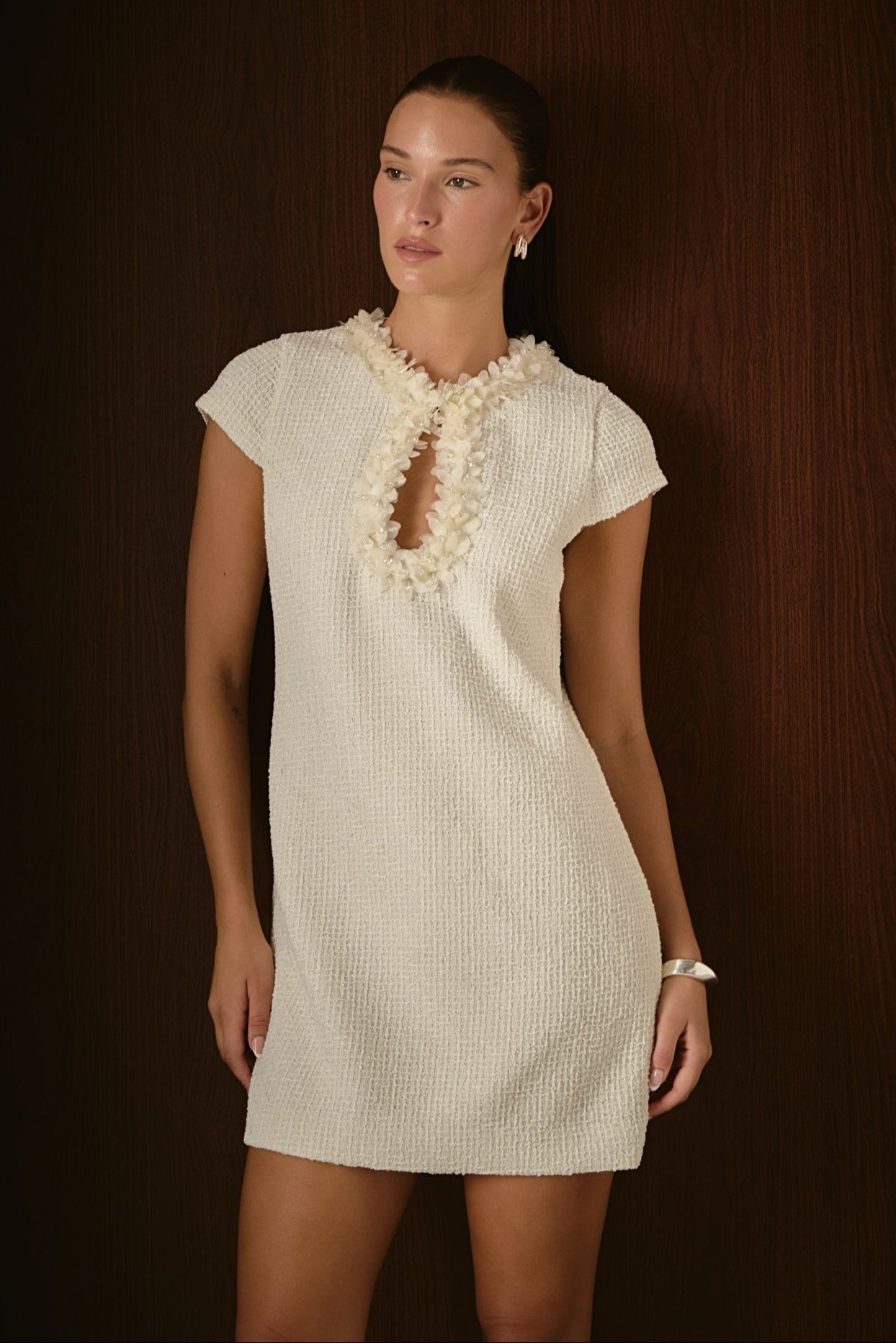 ENDLESS ROSE - Tweed Shift Dress with Floral Trim - DRESSES available at Objectrare
