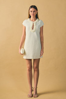 ENDLESS ROSE - Tweed Shift Dress with Floral Trim - DRESSES available at Objectrare