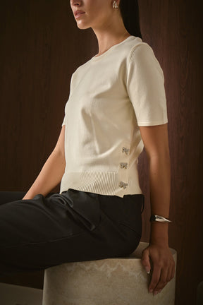 ENDLESS ROSE - Side Bow Buttoned Knit Top - SWEATERS & KNITS available at Objectrare