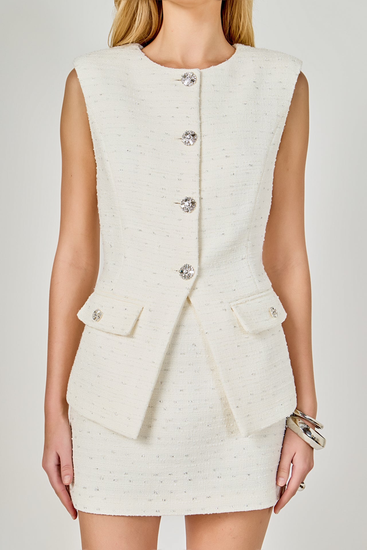 ENDLESS ROSE - Jewel Buttoned Tweed Vest - TOPS available at Objectrare