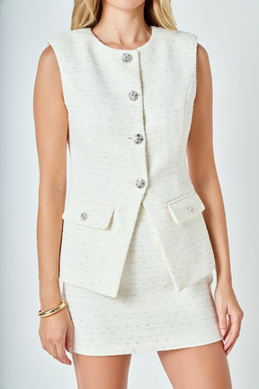 ENDLESS ROSE - Jewel Buttoned Tweed Vest - TOPS available at Objectrare