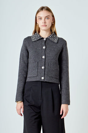 ENDLESS ROSE - Pearl Embellished Collar Cardigan - SWEATERS & KNITS available at Objectrare