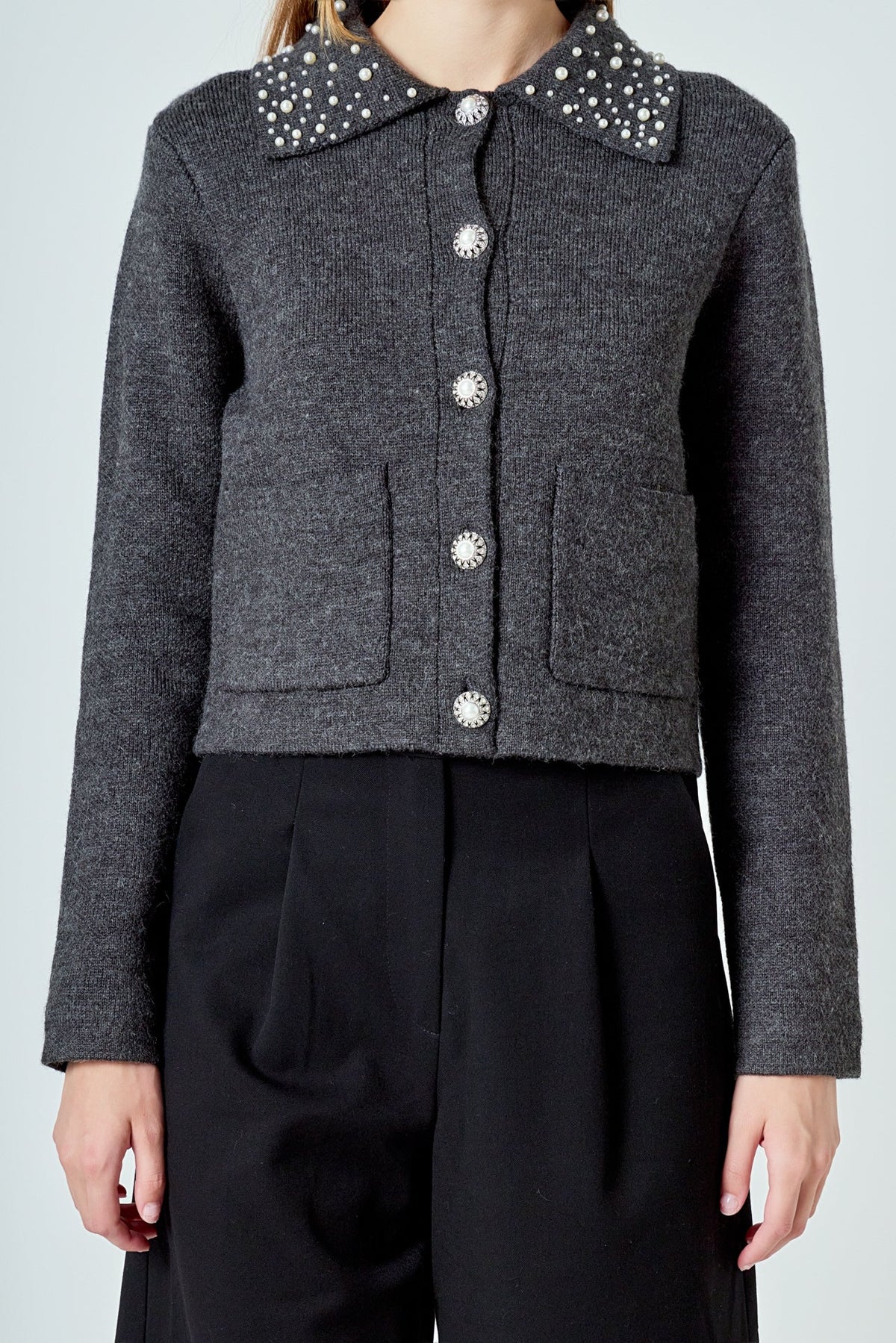 ENDLESS ROSE - Pearl Embellished Collar Cardigan - SWEATERS & KNITS available at Objectrare