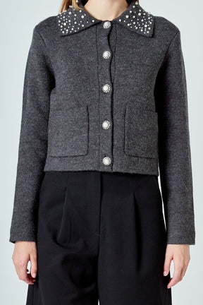 ENDLESS ROSE - Pearl Embellished Collar Cardigan - SWEATERS & KNITS available at Objectrare