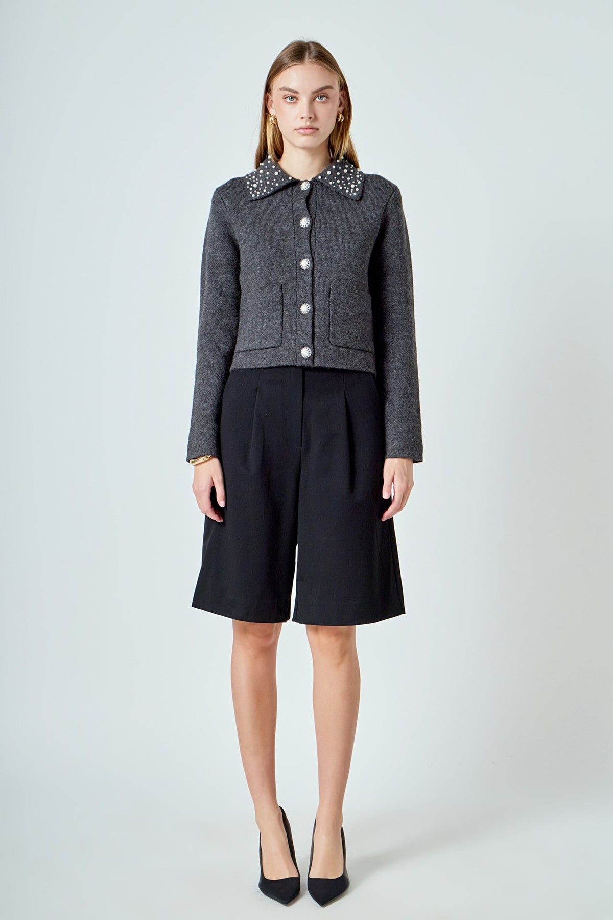 ENDLESS ROSE - Pearl Embellished Collar Cardigan - SWEATERS & KNITS available at Objectrare
