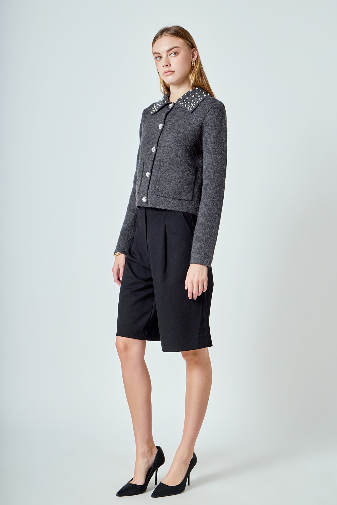 ENDLESS ROSE - Pearl Embellished Collar Cardigan - SWEATERS & KNITS available at Objectrare