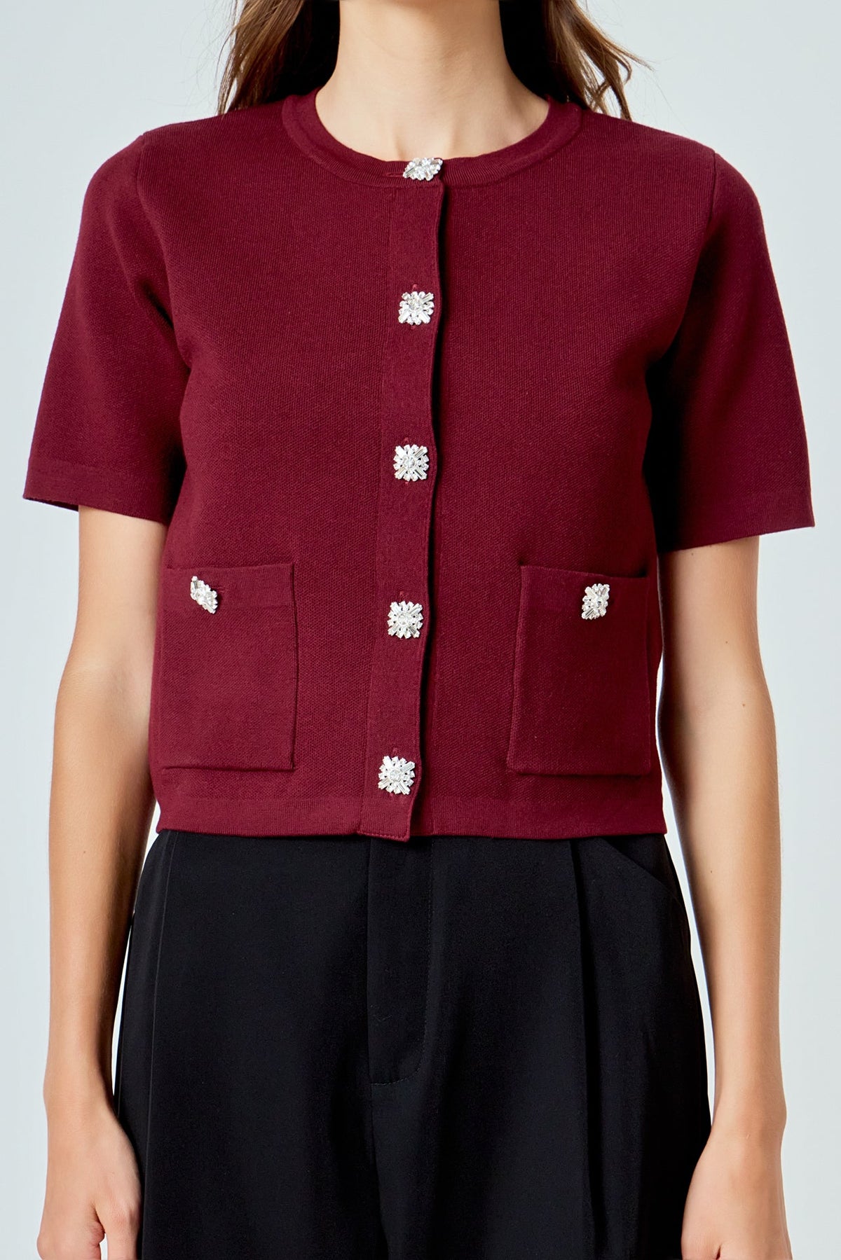 ENDLESS ROSE - Short Sleeve Jewel Button-Up Cardigan - SWEATERS & KNITS available at Objectrare