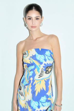 LA'VEN - Multi Print Strapless Midi Dress - DRESSES available at Objectrare