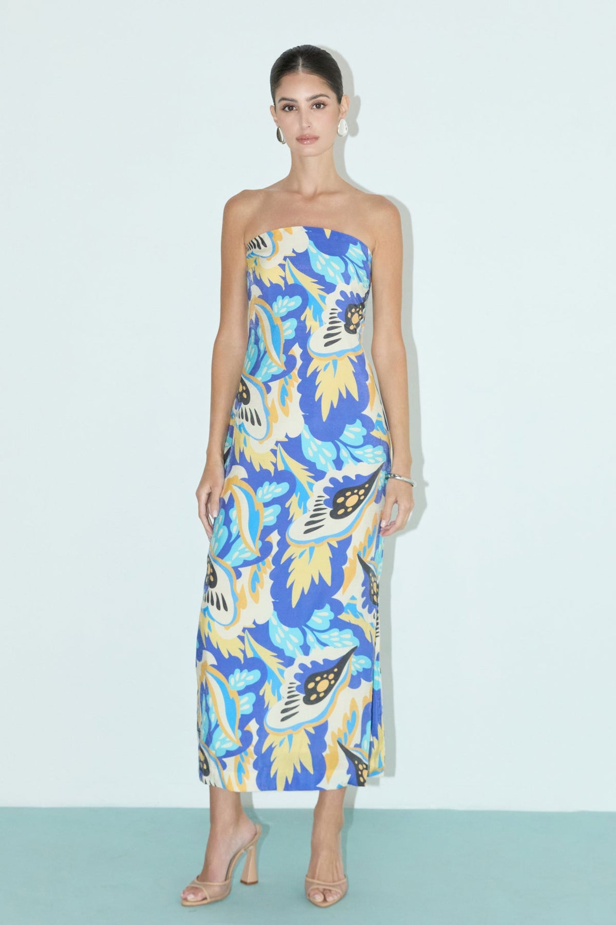 LA'VEN - Multi Print Strapless Midi Dress - DRESSES available at Objectrare