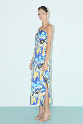 LA'VEN - Multi Print Strapless Midi Dress - DRESSES available at Objectrare