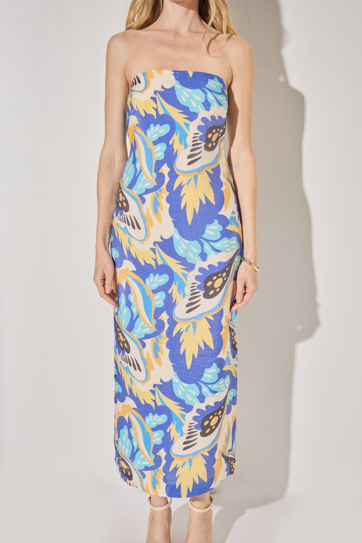 LA'VEN - Multi Print Strapless Midi Dress - DRESSES available at Objectrare