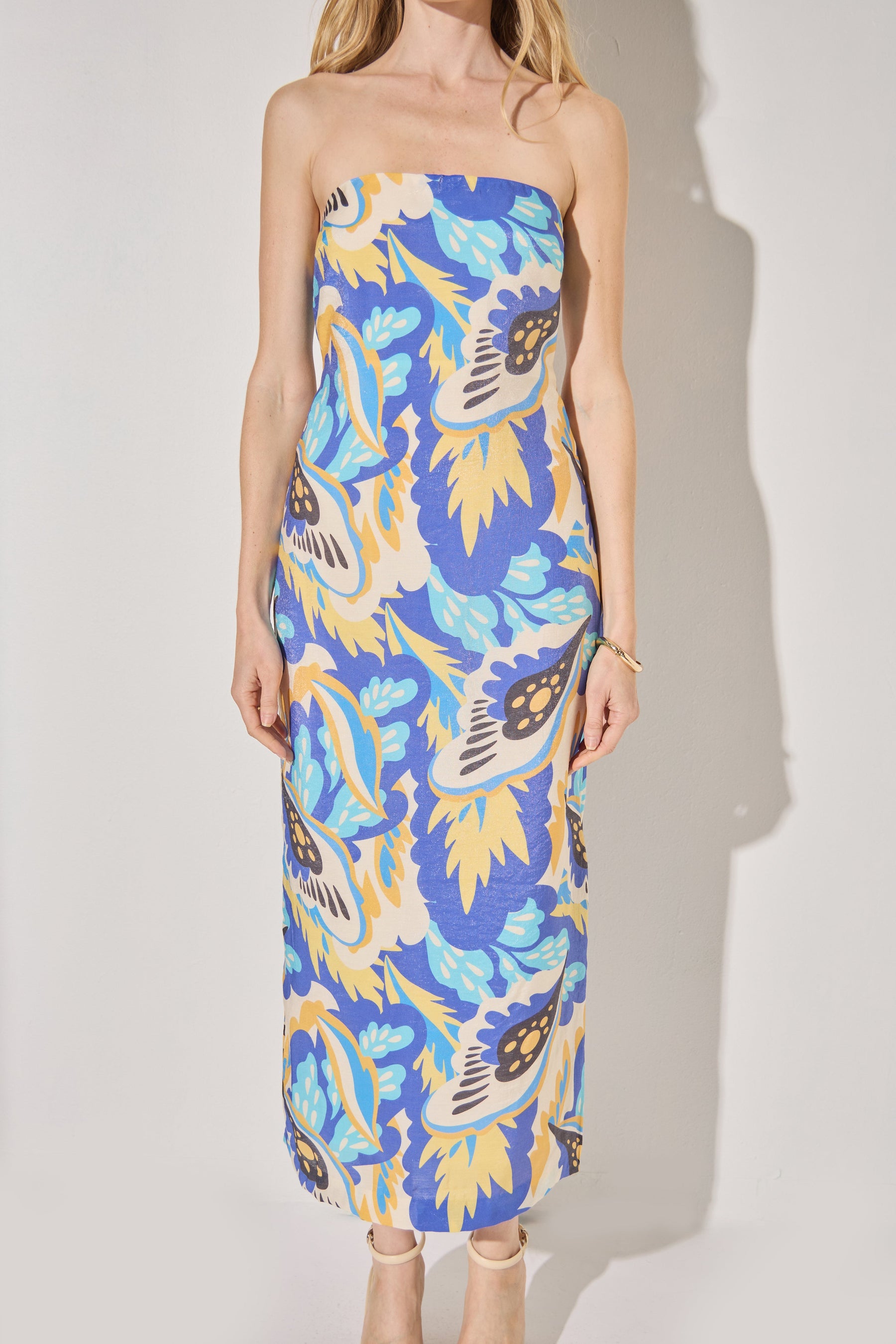 Multi Print Strapless Midi Dress