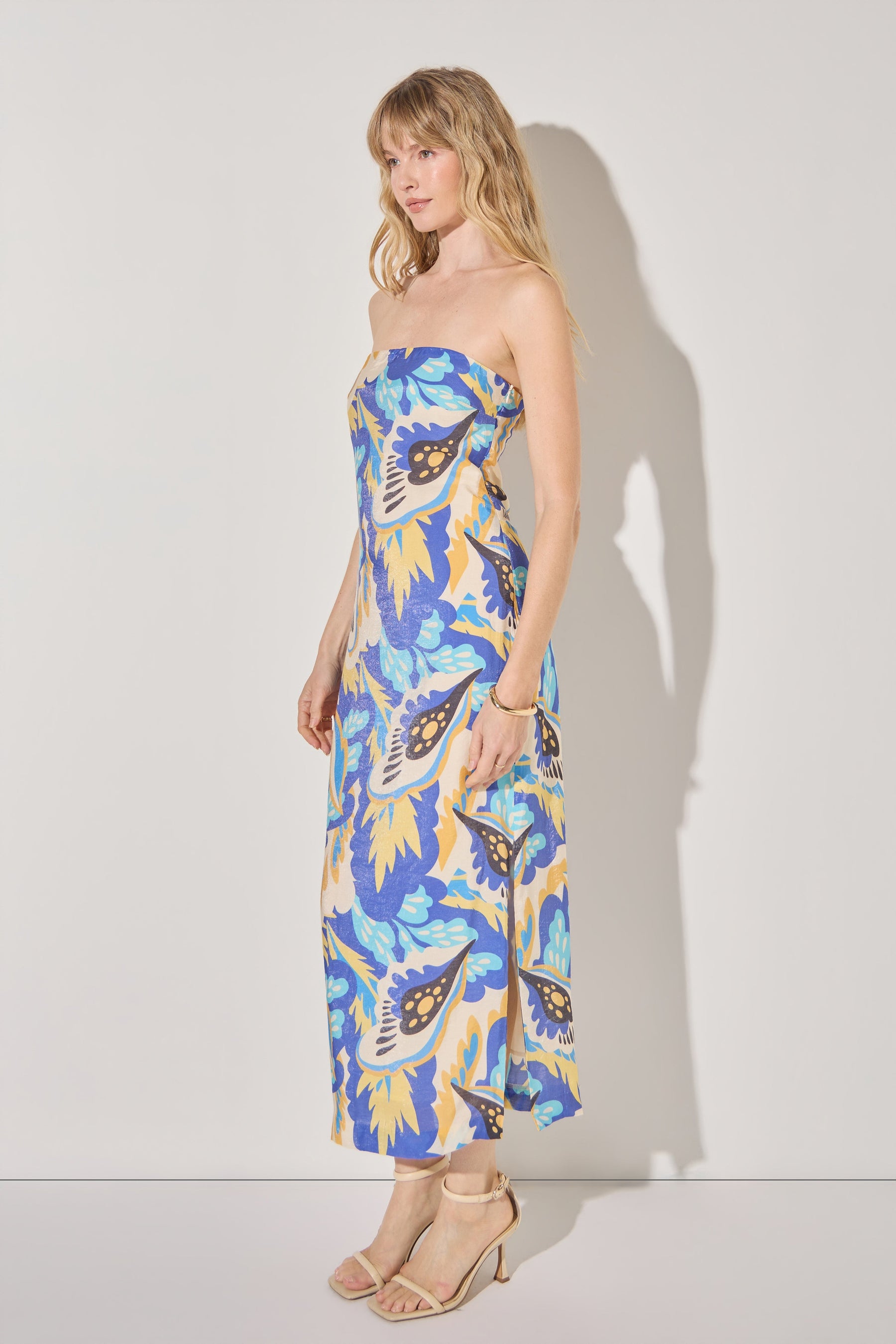 Multi Print Strapless Midi Dress