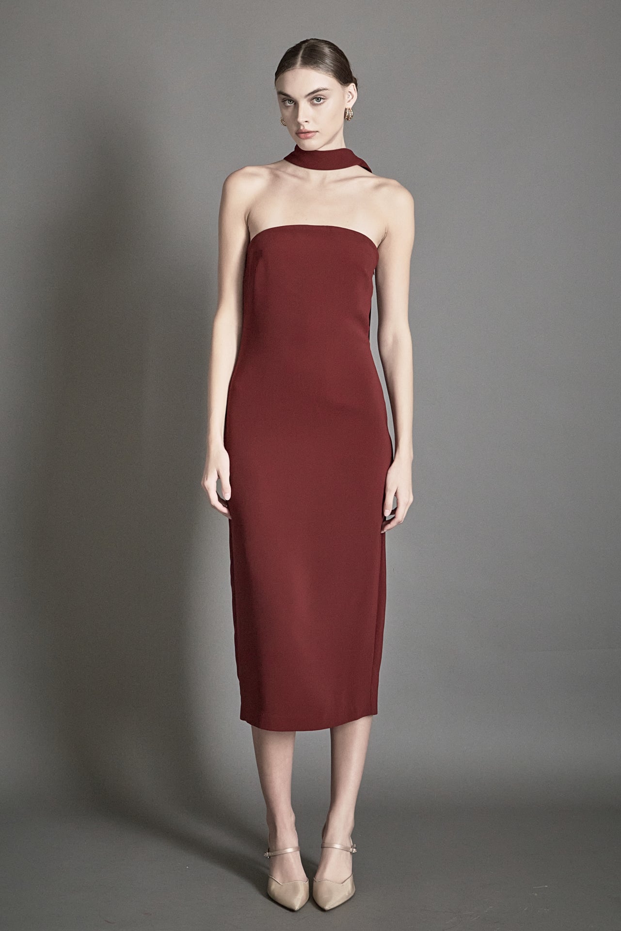 burgundy choker dress Pretty Lavish knit square neck choker detail midaxi dress in burgundy