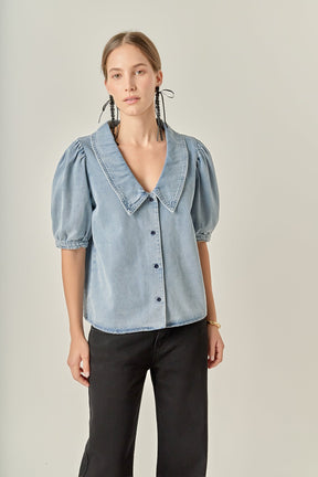 Deep V-Neck Button Up Denim Shirt