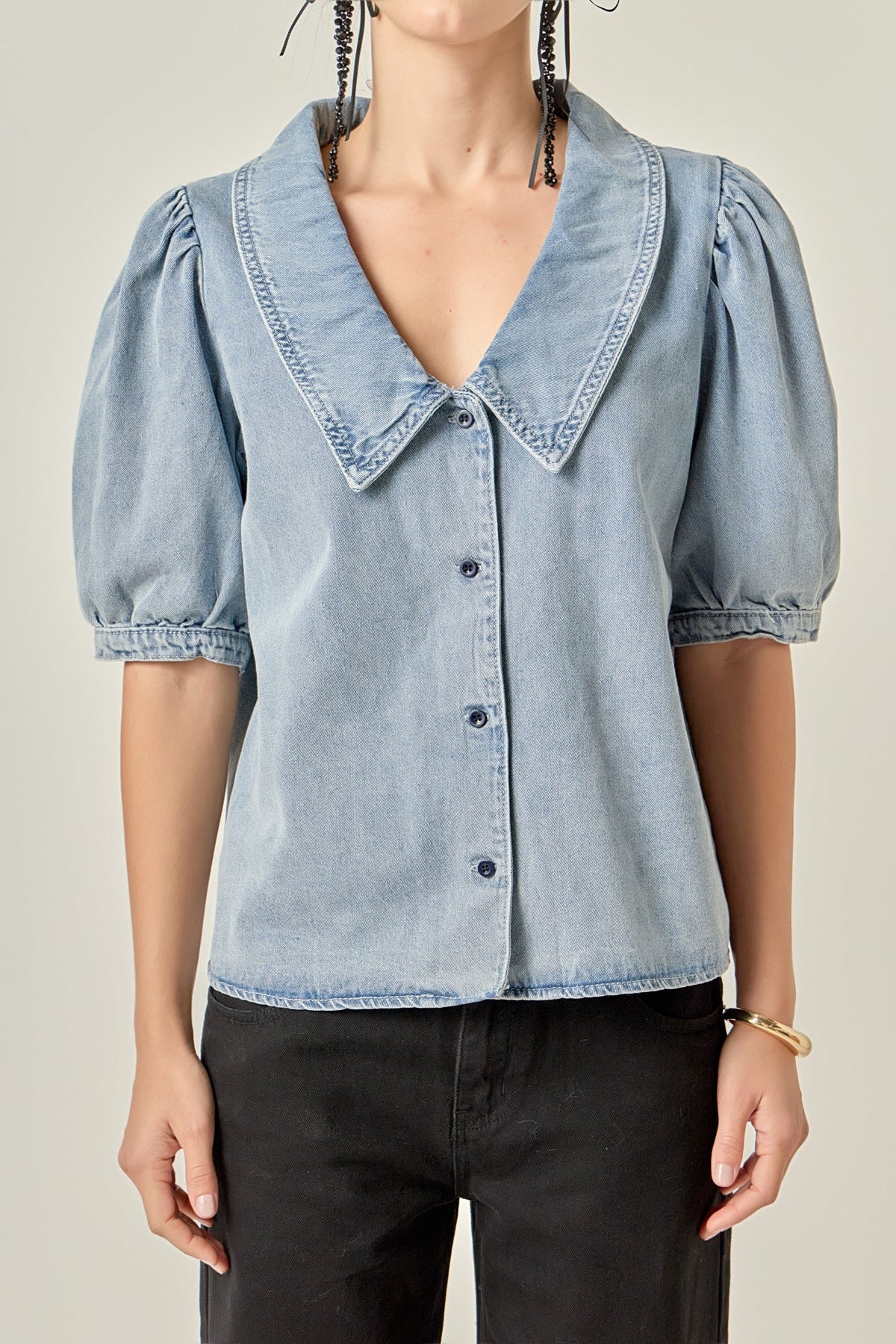 ENGLISH FACTORY - Deep V-Neck Button Up Denim Shirt - TOPS available at Objectrare
