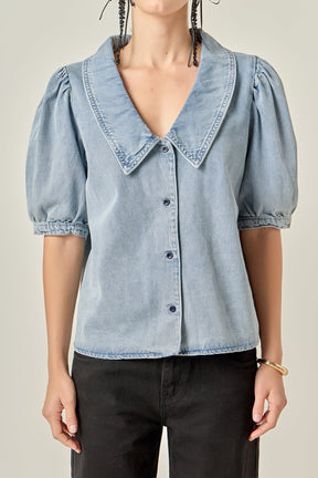 ENGLISH FACTORY - Deep V-Neck Button Up Denim Shirt - TOPS available at Objectrare