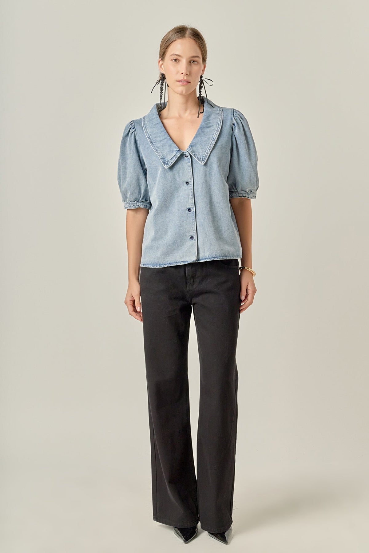Deep V-Neck Button Up Denim Shirt