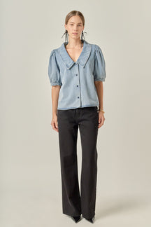 Deep V-Neck Button Up Denim Shirt