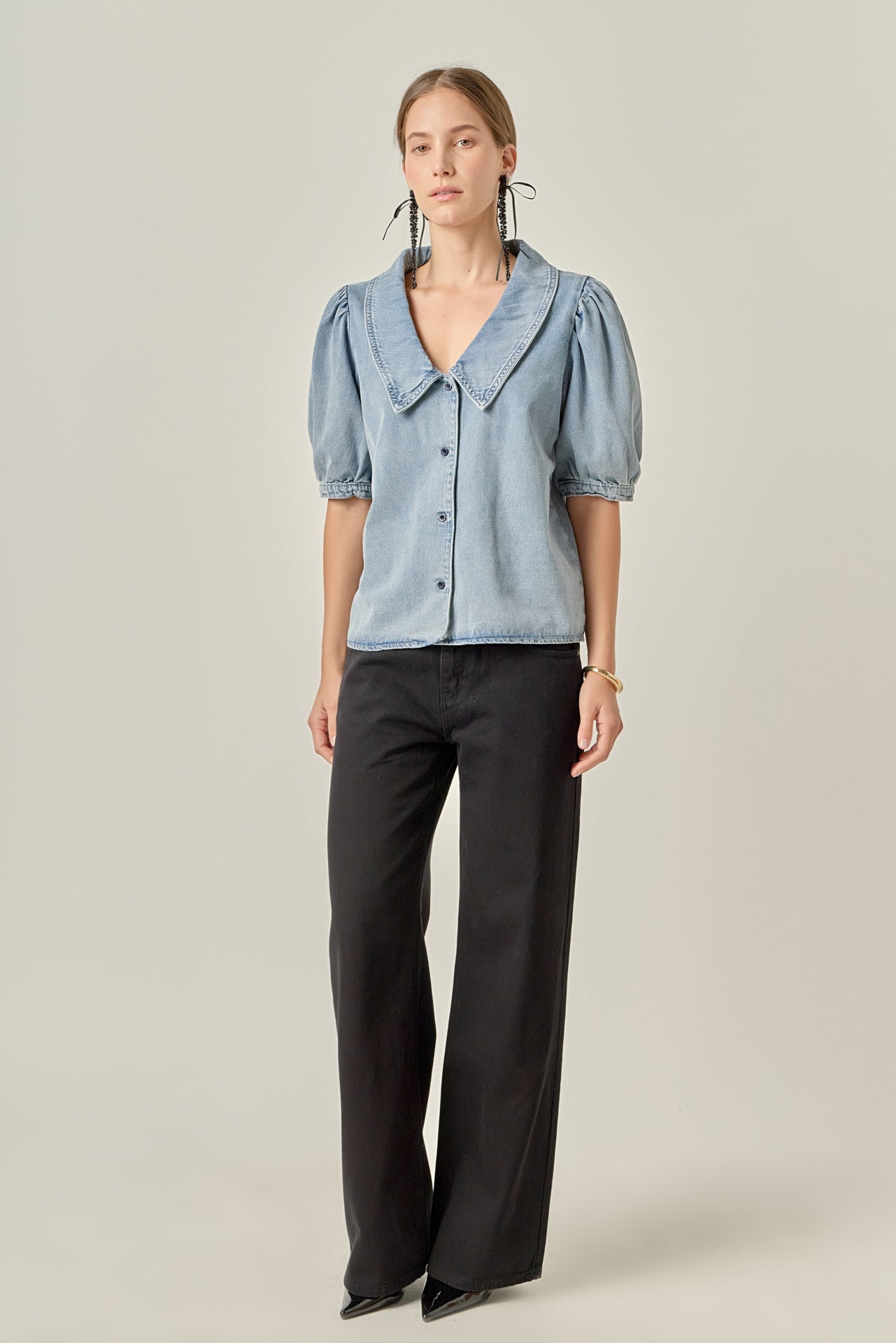 ENGLISH FACTORY - Deep V-Neck Button Up Denim Shirt - TOPS available at Objectrare
