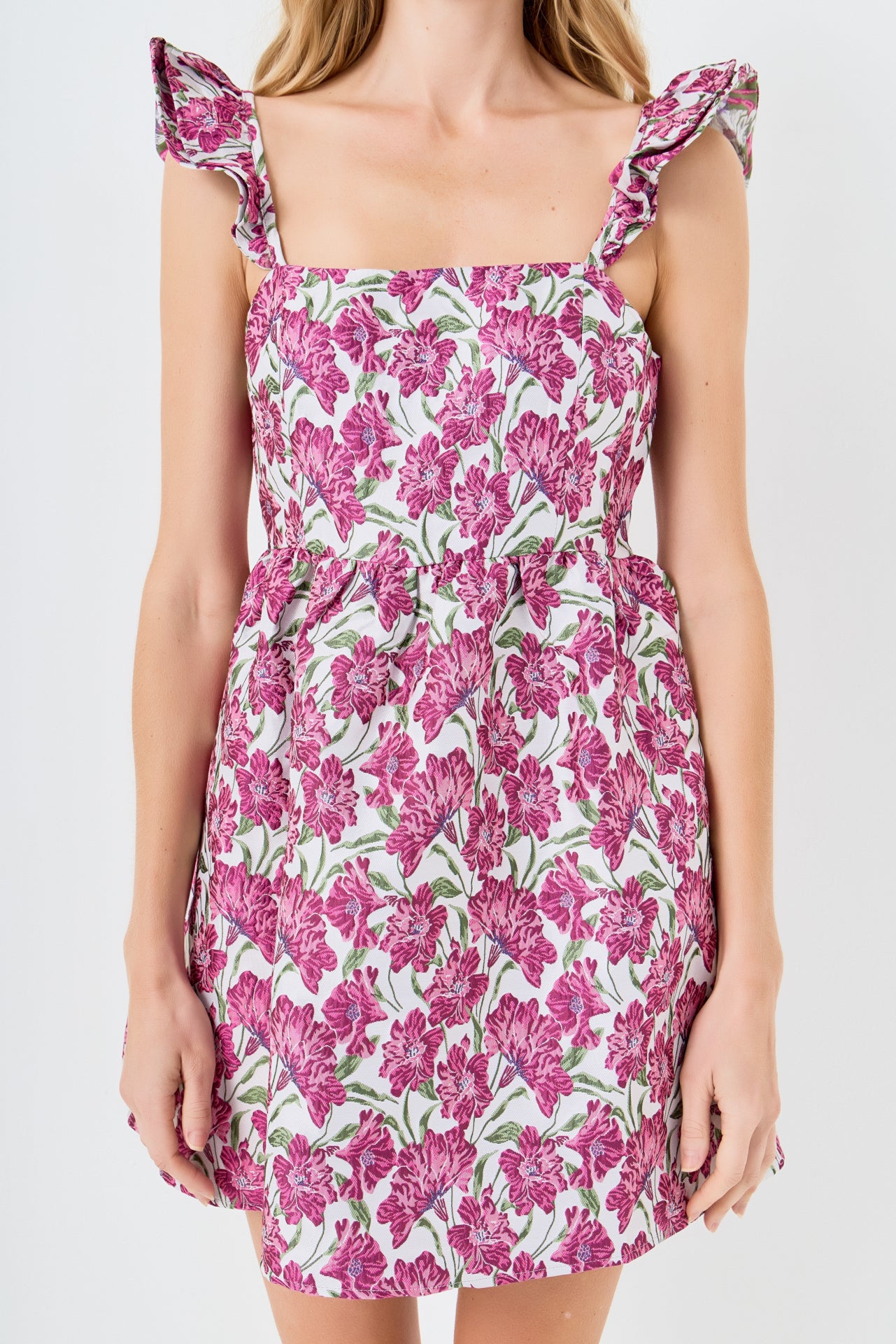 LA'VEN - Jacquard Cap Ruffle Sleeve Mini Dress - DRESSES available at Objectrare
