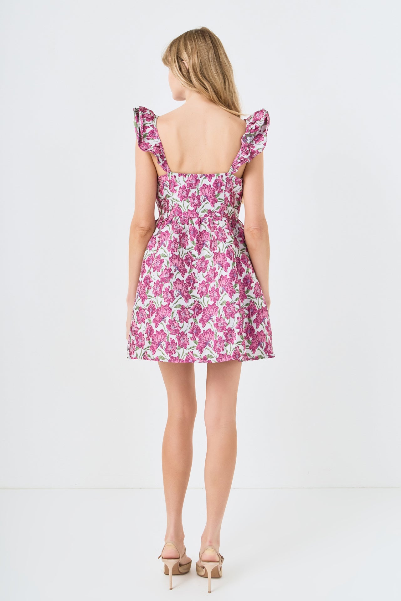 LA'VEN - Jacquard Cap Ruffle Sleeve Mini Dress - DRESSES available at Objectrare