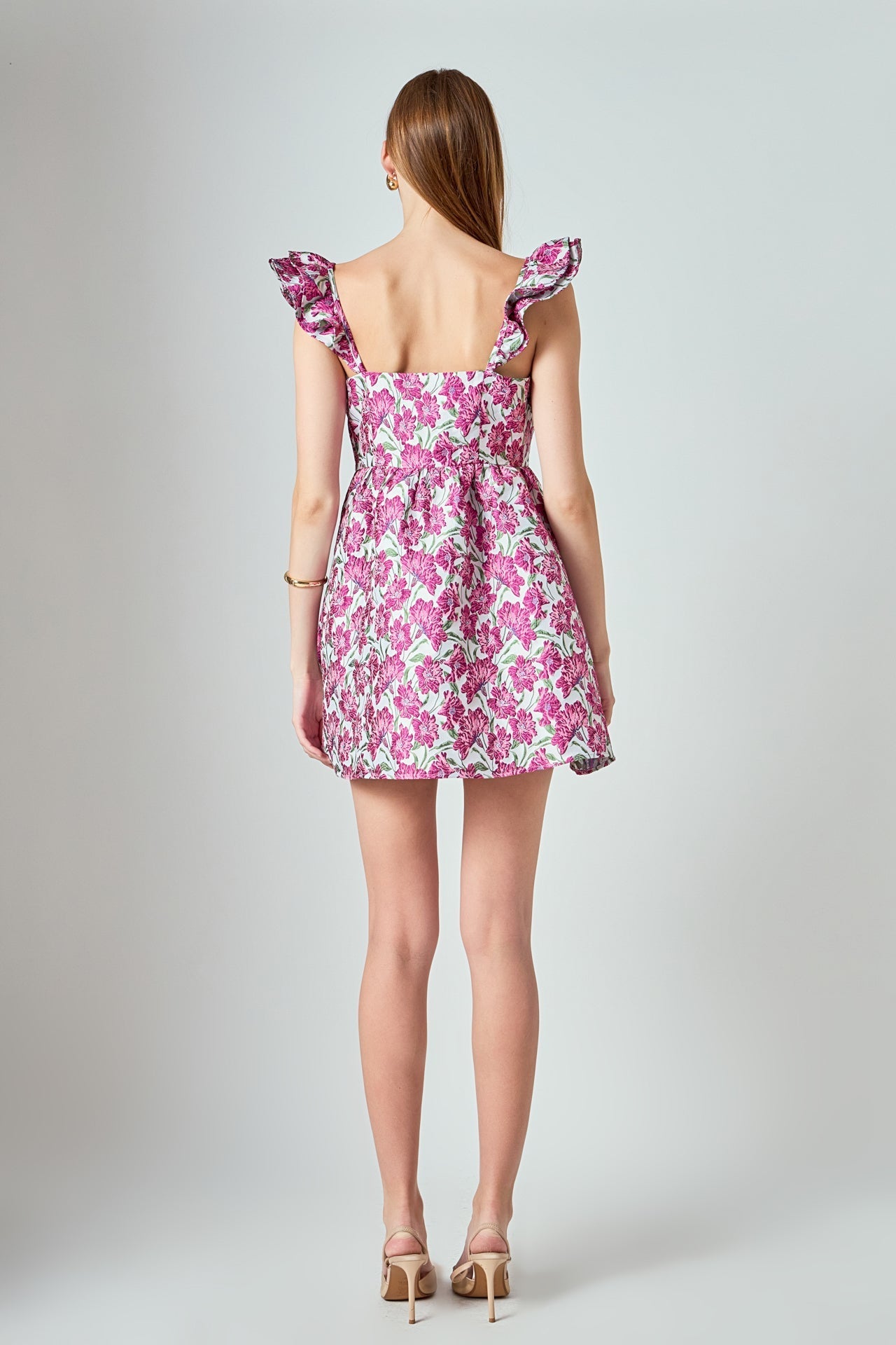 LA'VEN - Jacquard Cap Ruffle Sleeve Mini Dress - DRESSES available at Objectrare
