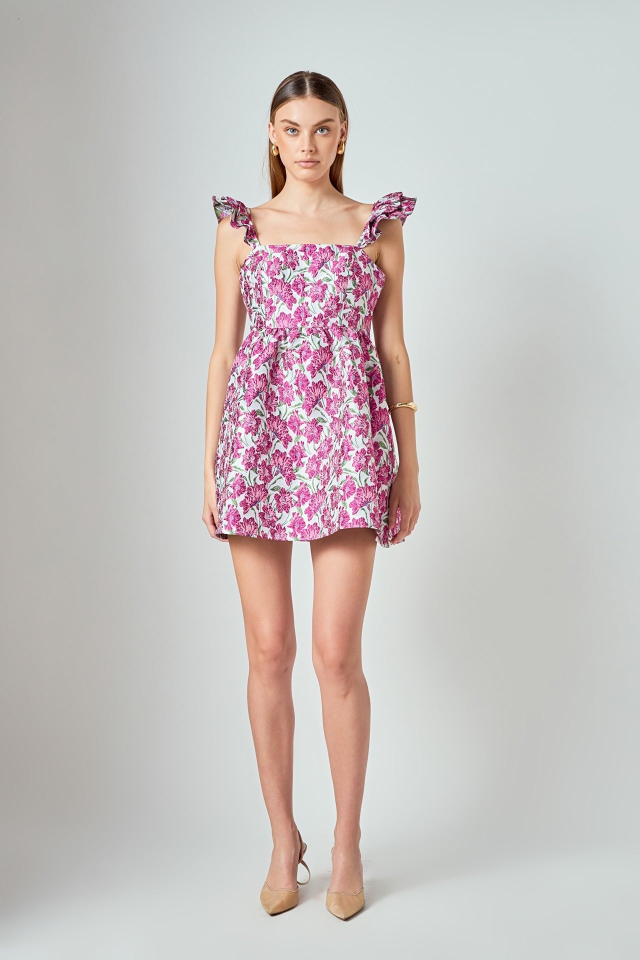 LA'VEN - Jacquard Cap Ruffle Sleeve Mini Dress - DRESSES available at Objectrare