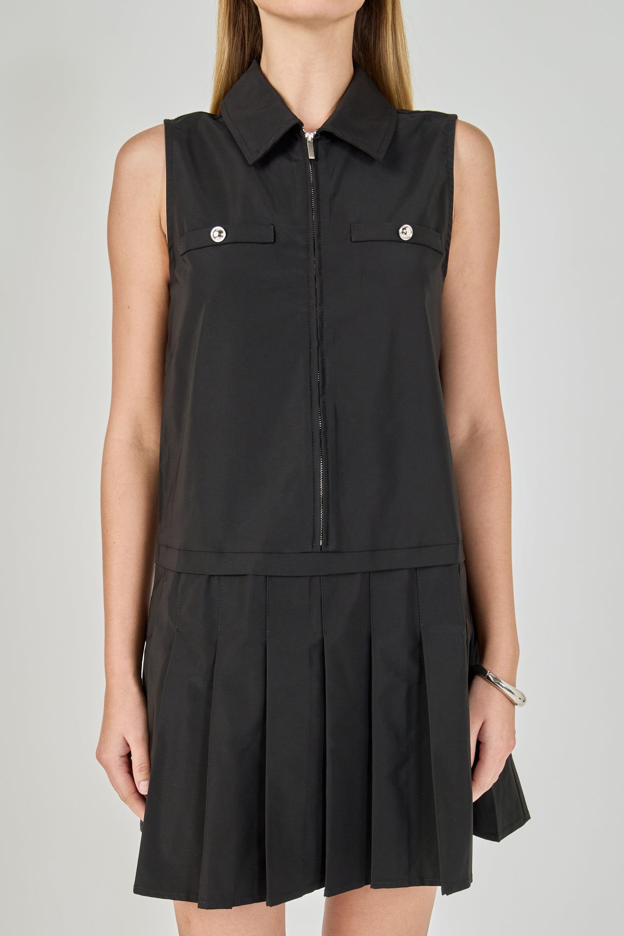ENDLESS ROSE - Sleeveless Zip Up Pleated Mini Dress - DRESSES available at Objectrare