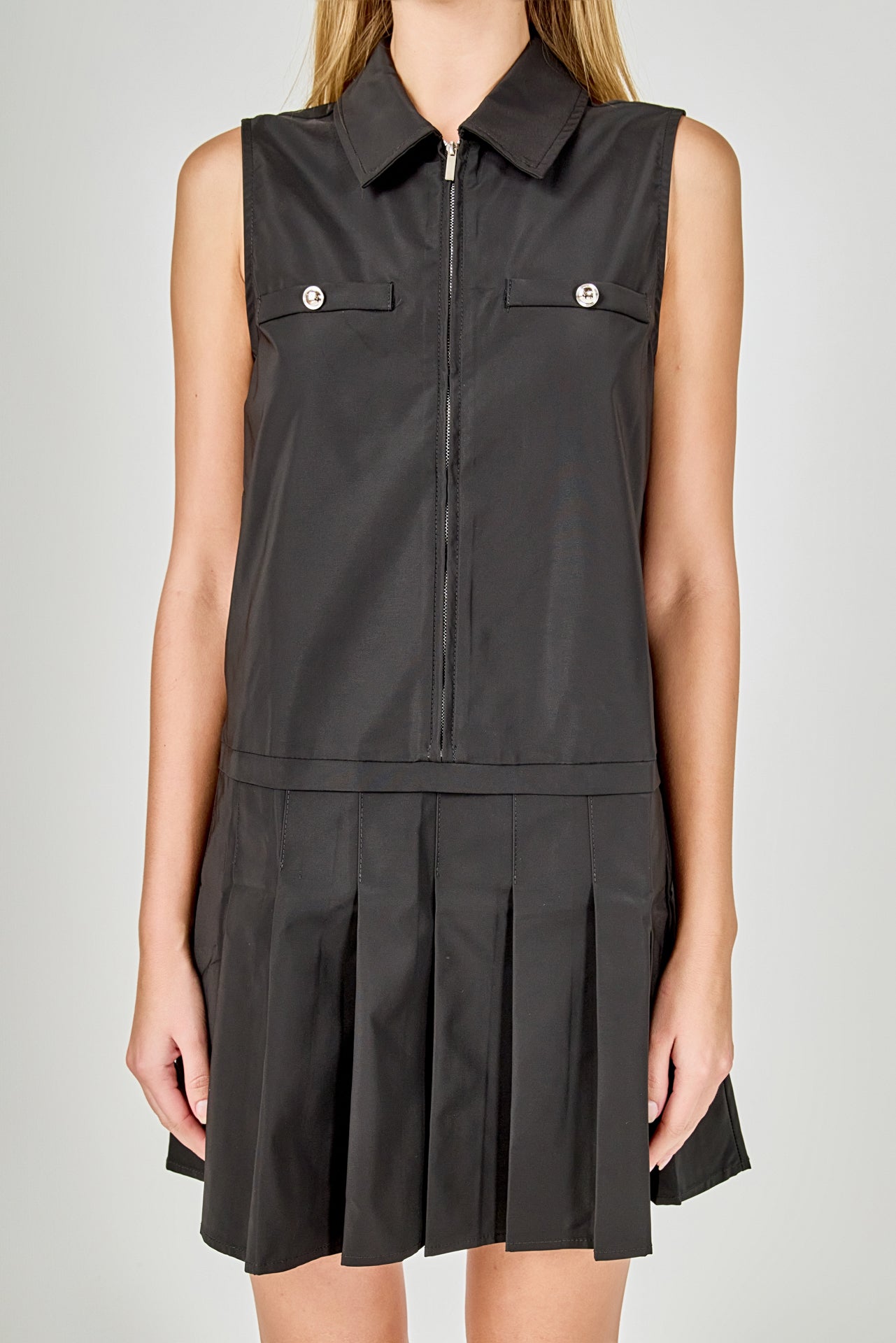 ENDLESS ROSE - Sleeveless Zip Up Pleated Mini Dress - DRESSES available at Objectrare