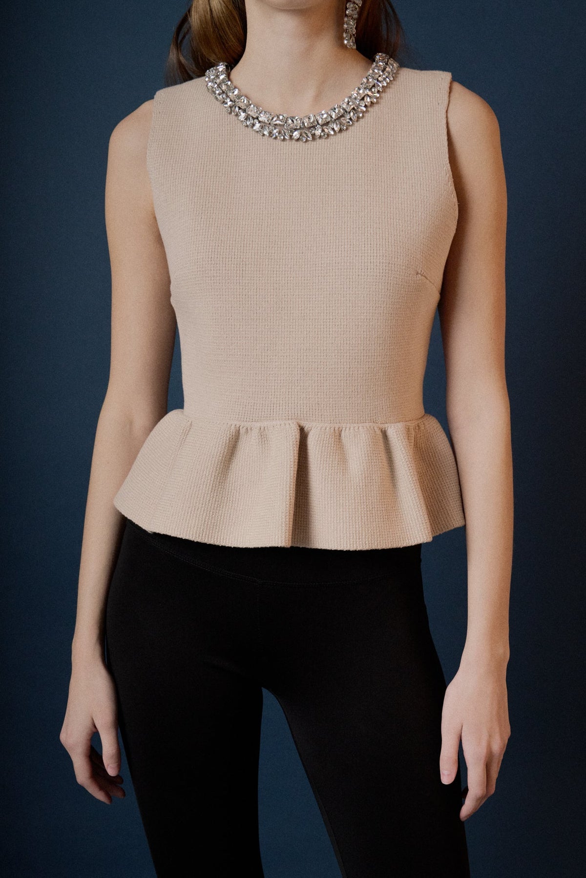 Jewel Trim Neck Peplum Knit Top
